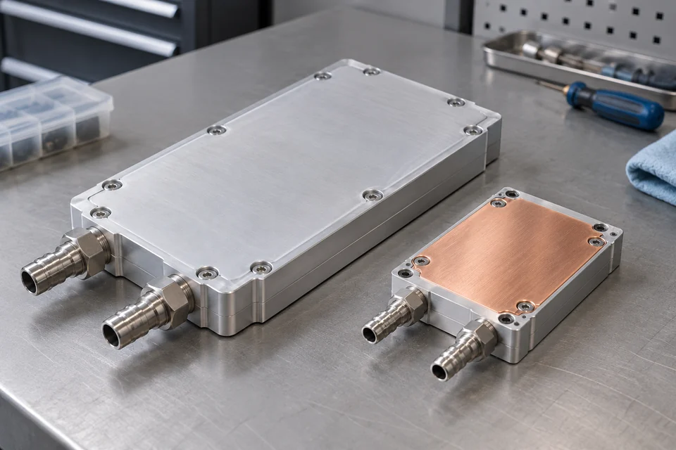 An assembled aluminium liquid cold plate with smooth mounting face and two coolant hose fittings, a second small cold plate with copper contact area, neutral engineering bench.
