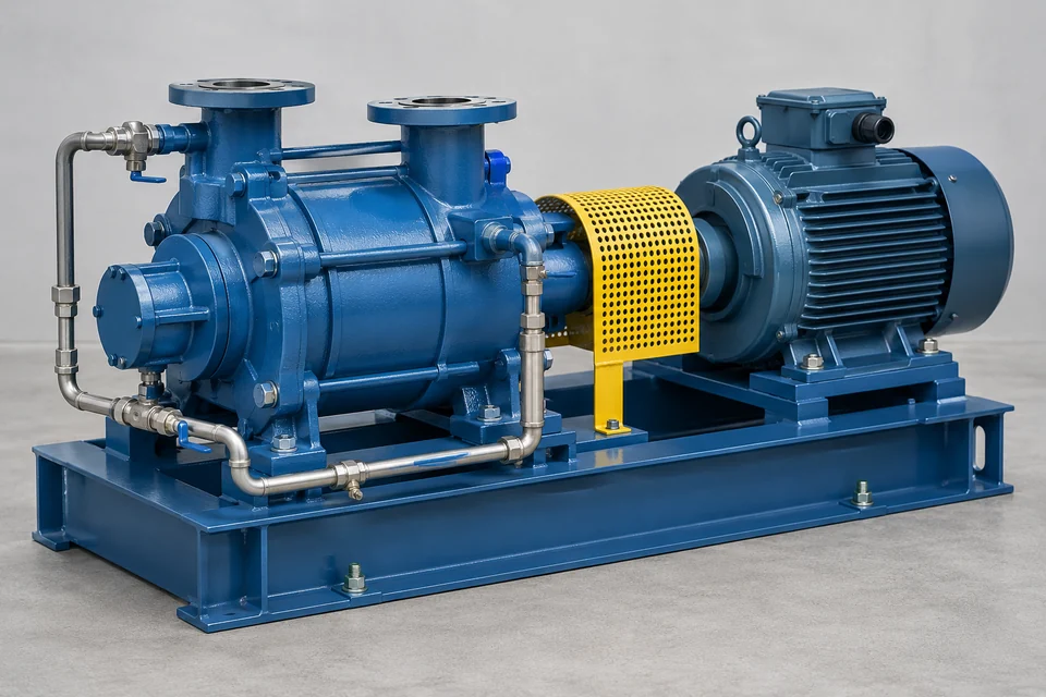 industrial liquid ring vacuum pump on a baseplate with electric motor and visible seal liquid connections