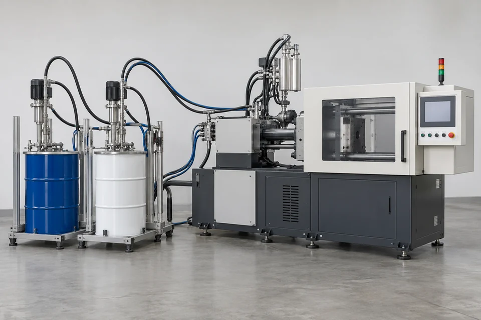 liquid silicone rubber injection moulding machine with two material feed drums and dosing pumps connected to the injection unit