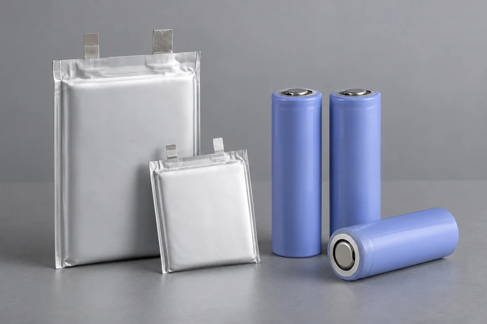 complete rechargeable lithium-ion battery cells in pouch and cylindrical forms, no markings