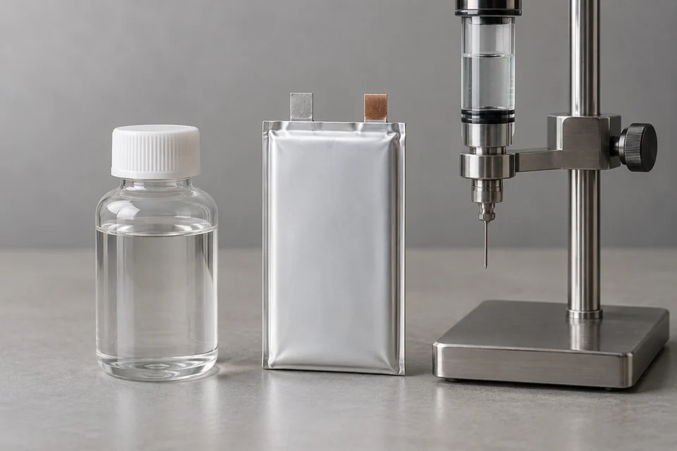 plain sealed electrolyte sample bottle beside lithium battery cell and dispensing fixture