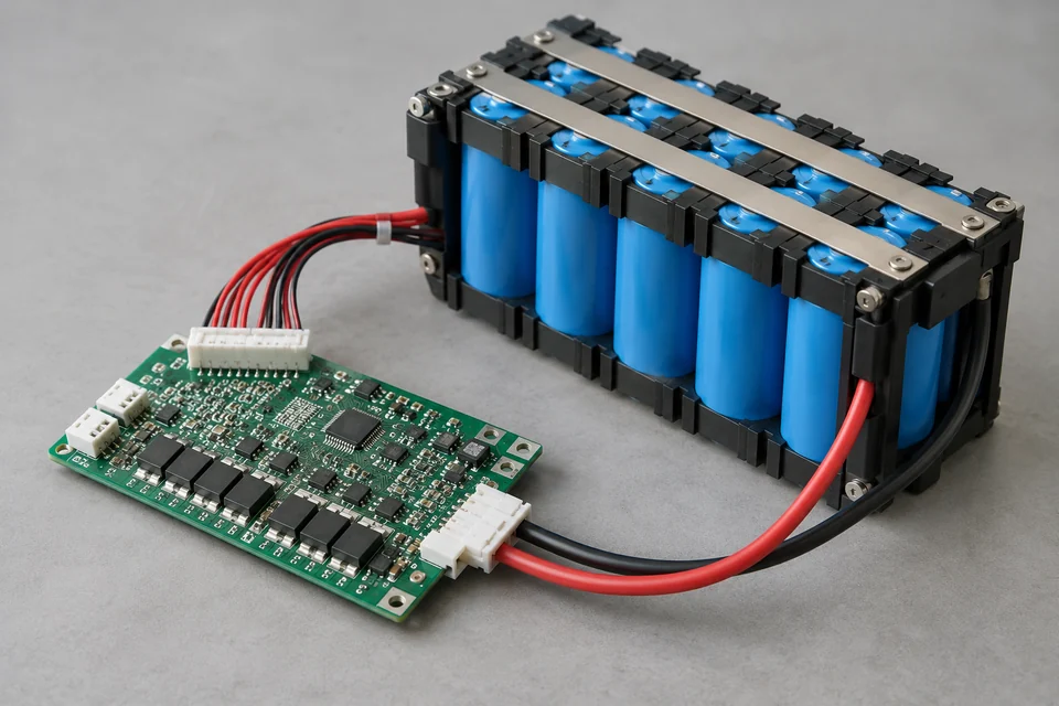 lithium ion battery management circuit board with connectors beside battery module