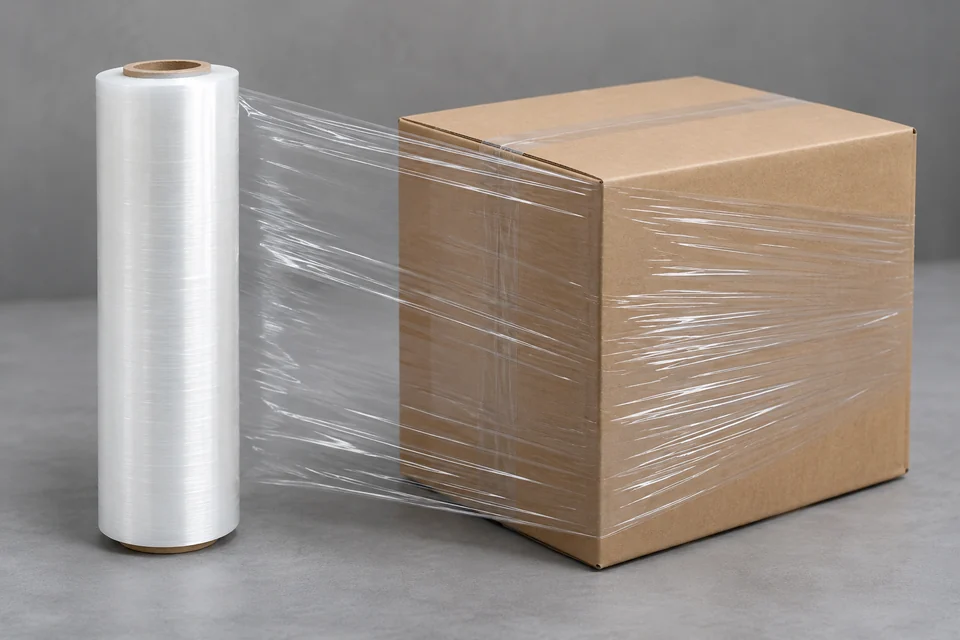 LLDPE stretch wrap film roll with transparent film pulled slightly across a clean carton