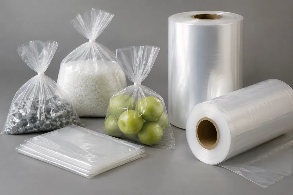 transparent LDPE packaging bags and film rolls, realistic material product