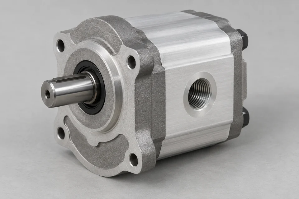 low noise external hydraulic gear pump with aluminum housing, drive shaft and threaded inlet and outlet ports