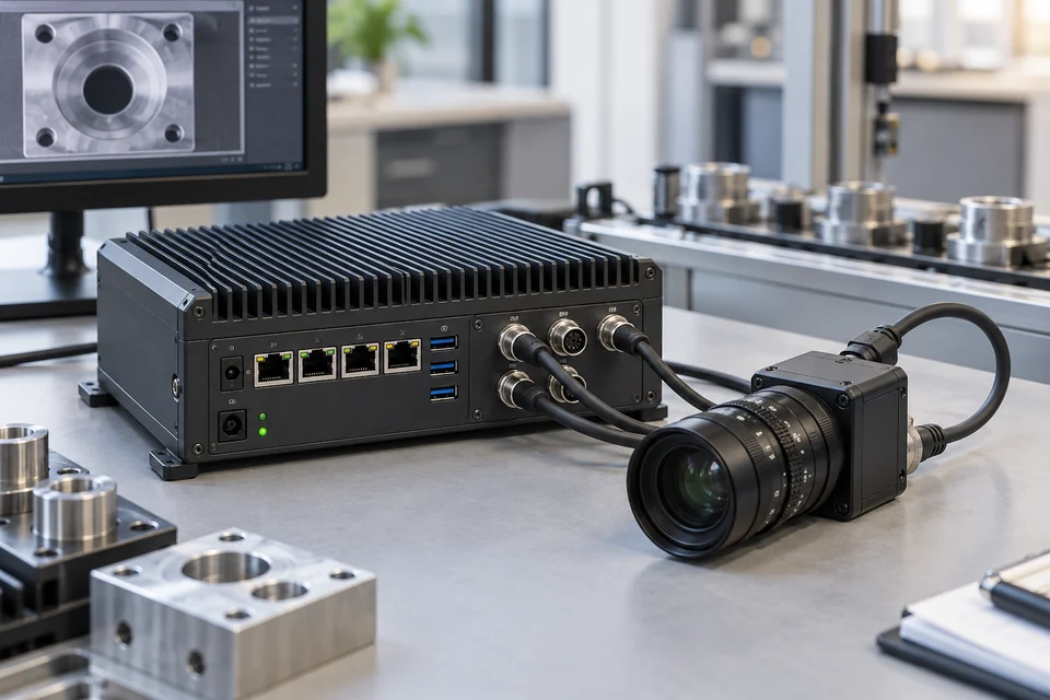 An enclosed industrial machine vision controller with Ethernet ports and camera connectors beside an inspection camera and lens, orderly engineering bench.