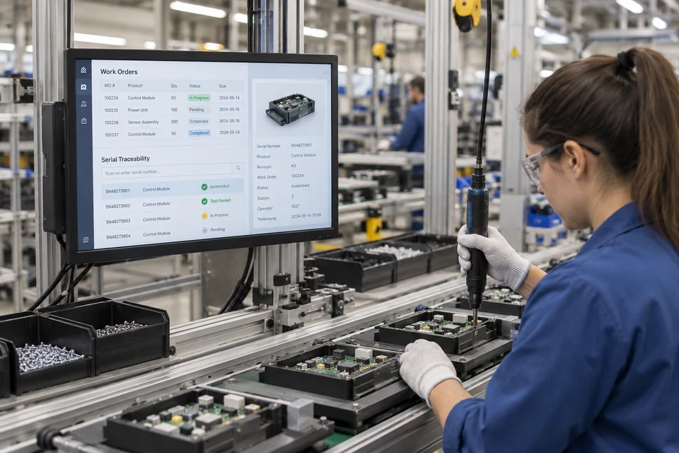 A factory workstation monitor next to an assembly line showing a generic manufacturing execution interface with work orders and serial traceability tiles; realistic application photograph, no flowchart.