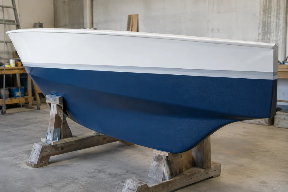marine antifouling-coated boat hull panel in workshop, realistic close product surface