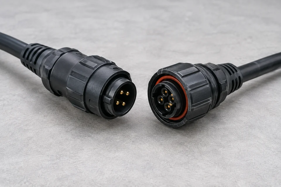 A pair of robust underwater electrical wet mate connectors with sealed cylindrical housings, protected contact faces and attached marine cables, physical product photograph.
