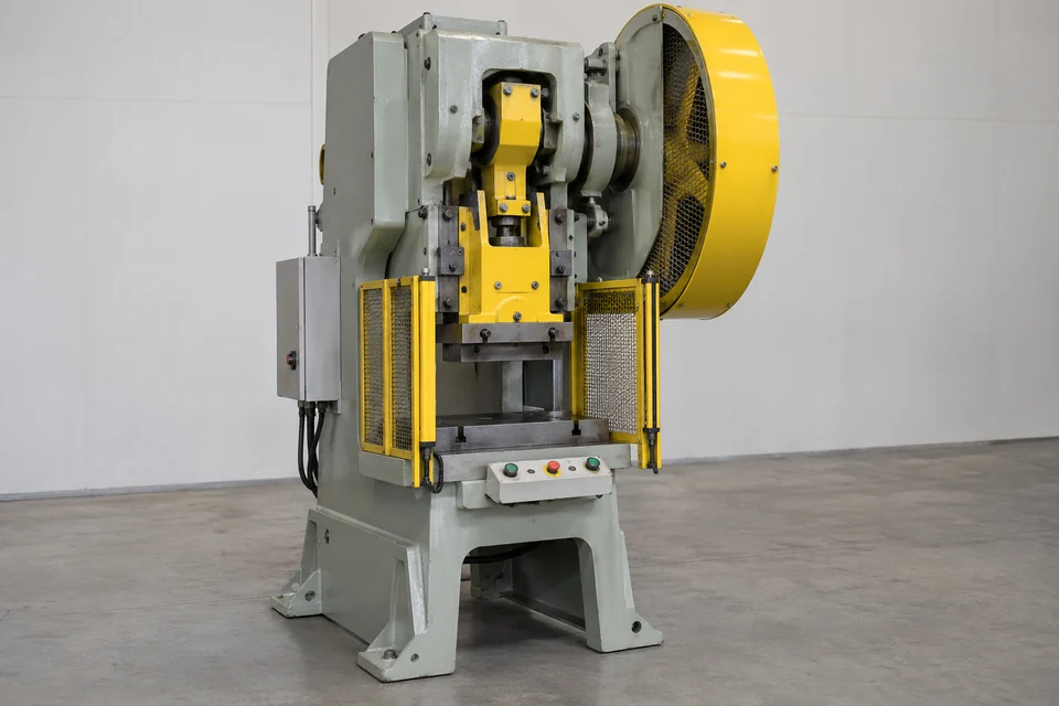 industrial mechanical stamping press with rigid metal frame, guarded work area and flywheel housing