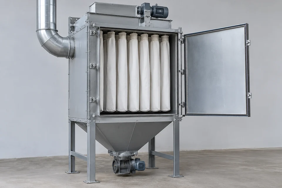 mechanically shaken bag filter housing with service door open showing suspended fabric filter bags, no cutaway diagram