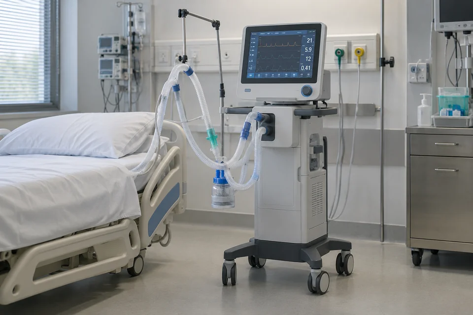 medical ventilator with breathing circuit in clinical room
