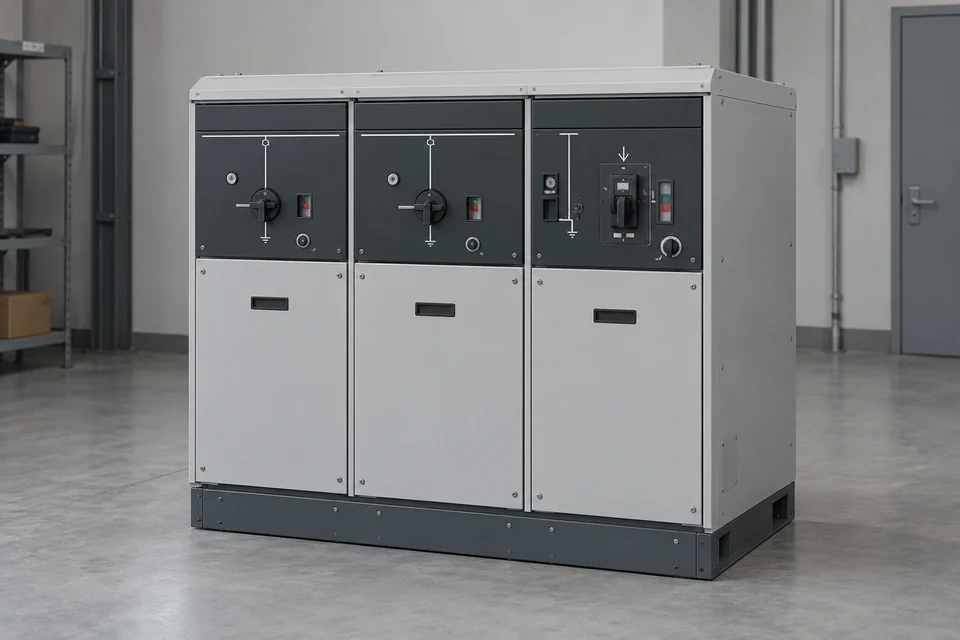 Compact closed three-function ring main unit with two similar ring-switch panels, a separate outgoing-branch panel and lower cable-access covers.