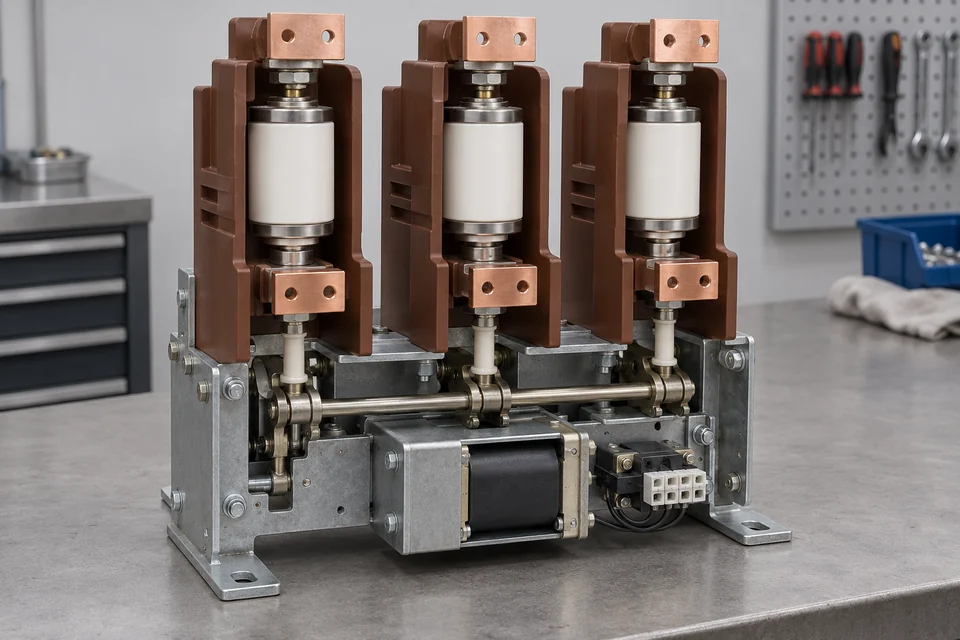 Three-pole medium-voltage vacuum contactor with opaque ceramic interrupters, six copper terminal pads and a common lower electromagnetic drive.