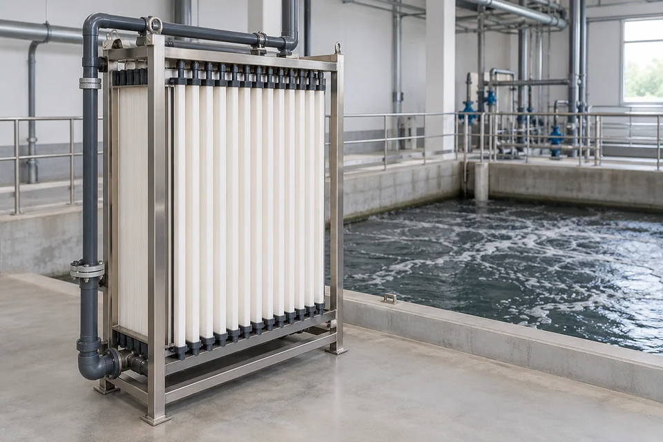 A membrane bioreactor cassette with parallel submerged flat membrane panels in a stainless frame beside an indoor water treatment tank, clean industrial application.