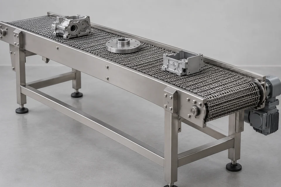 metal mesh belt conveyor carrying a few neutral industrial parts