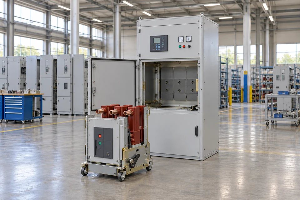 Compartmentalized metal-clad switchgear cabinet with an open breaker compartment and separate drawout breaker trolley