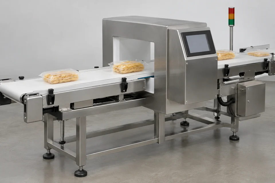 food metal detector tunnel around conveyor carrying plain packaged food