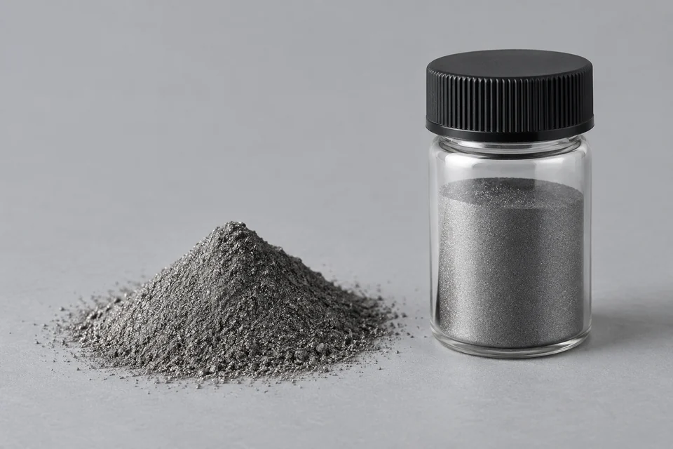 small mound of fine metallic powder beside an unbranded sealed sample container