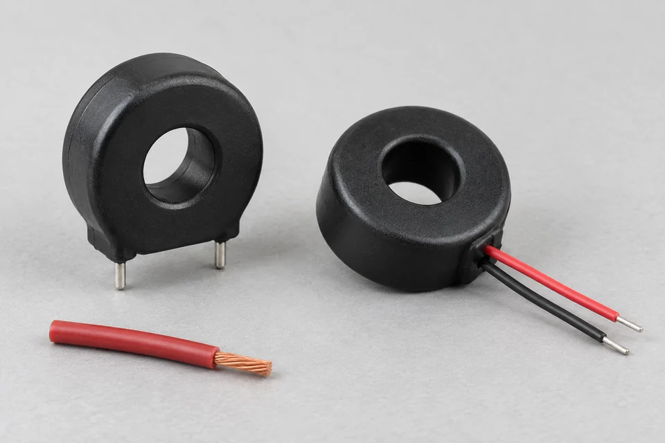 Two compact encapsulated meter current transformers with open conductor apertures, one with PCB pins and one with secondary flying leads.
