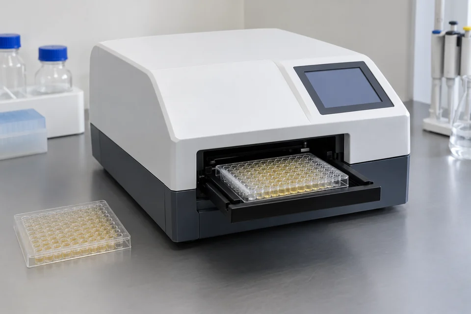 microplate reader laboratory instrument beside 96-well plate