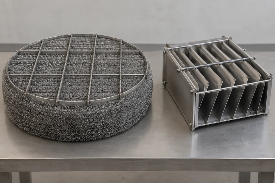 wire mesh mist eliminator pad and a vane type demister insert on a neutral workbench
