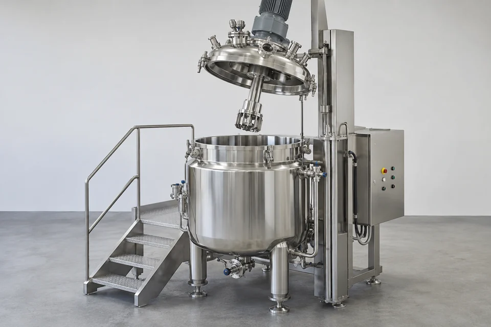 stainless mixing homogenizer with high shear head below a raised vessel lid
