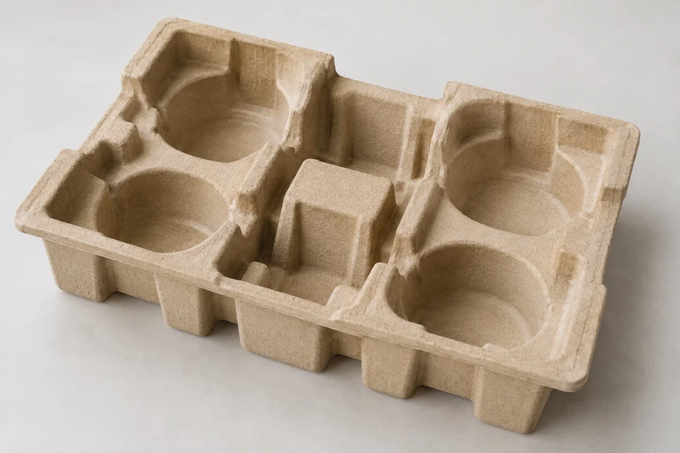 Moulded fibre protective packaging trays with rounded cavities and ribbed supports, natural tan fibre texture, no diagram.