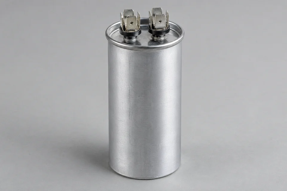 complete motor-run film capacitor with plain cylindrical can and top electrical terminals