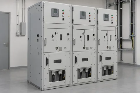 Representative gray medium-voltage switchgear cubicles with front controls and enclosed cable interfaces