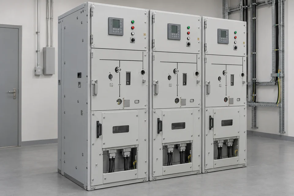 Representative gray medium-voltage switchgear cubicles with front controls and enclosed cable interfaces