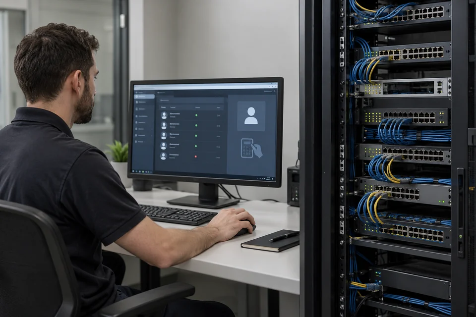 network access control represented by IT technician workstation beside network switches with device access interface