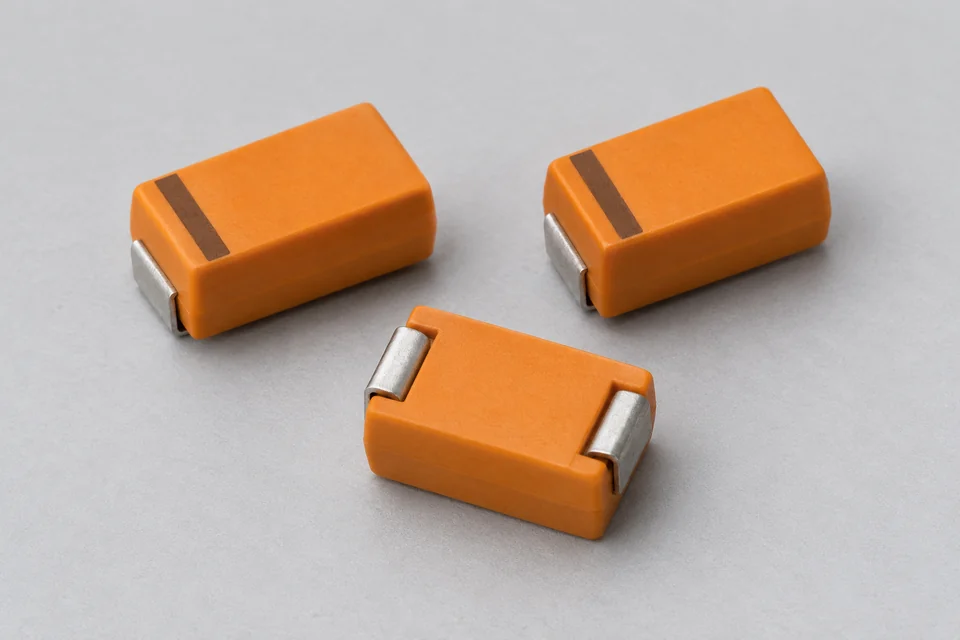 Orange molded solid-capacitor chip configurations with opposite folded metal terminations