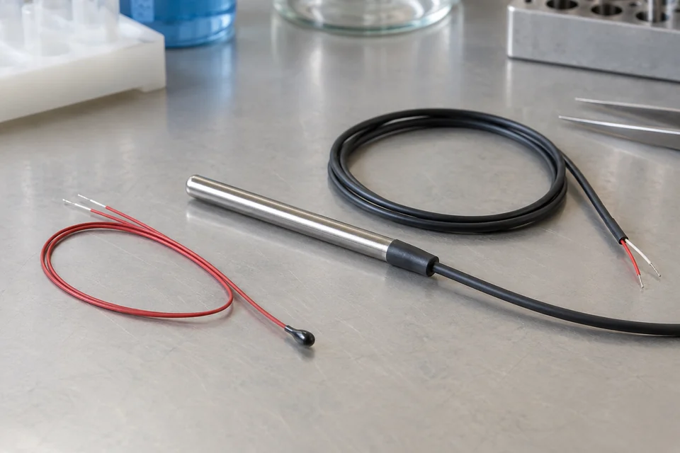 An epoxy coated bead thermistor on two fine insulated wires, and a stainless steel probe containing an NTC thermistor, lying on a laboratory workbench.