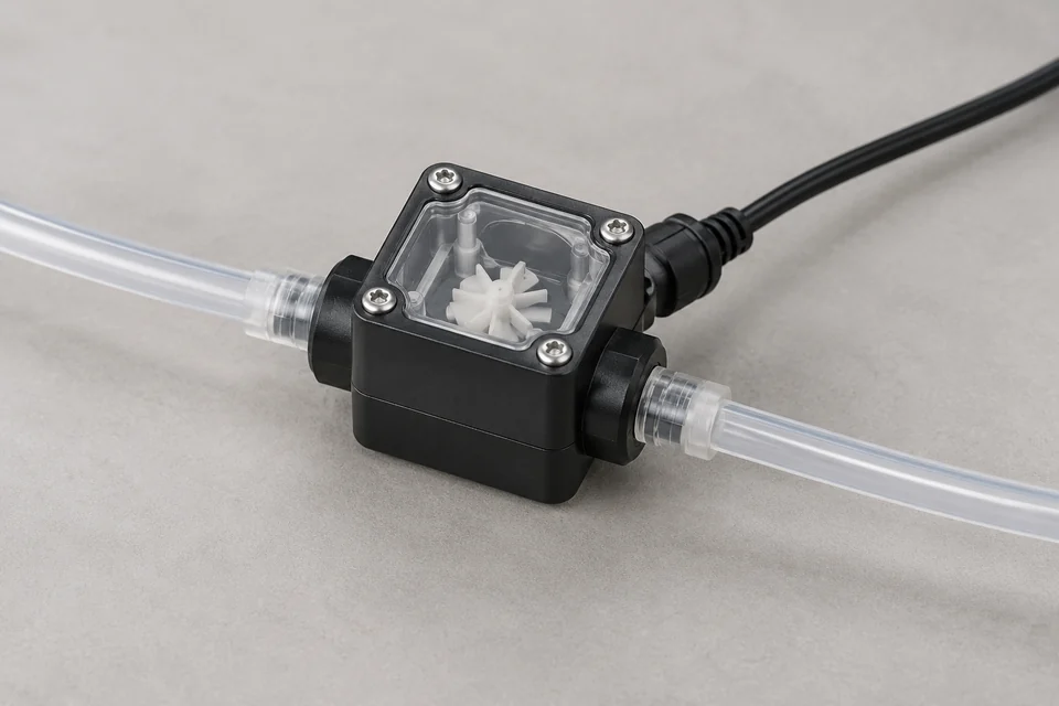 A compact inline liquid flow sensing module with two small tubing ports and an electrical cable, with a short length of transparent tubing; complete assembled sensor.