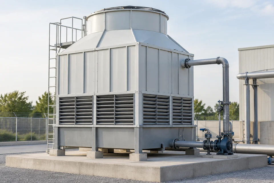 An open circuit induced draft cooling tower with top fan housing, side air inlet louvres and water basin on a concrete utility pad; no diagram or mist exaggeration.
