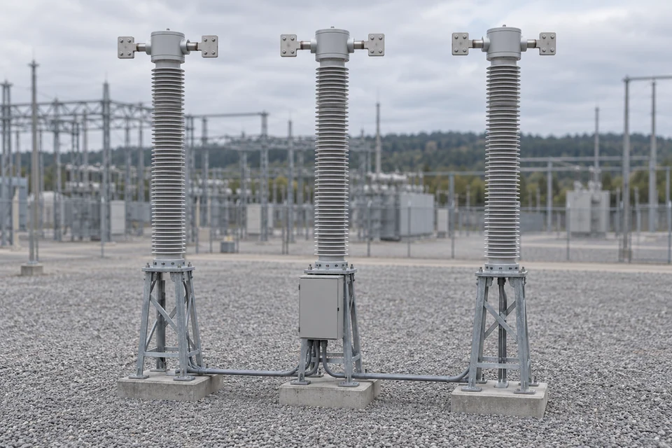 Three supported optical current sensor heads with opposite primary terminal pads, a separate low-mounted electronics kiosk and protected interconnecting conduits.