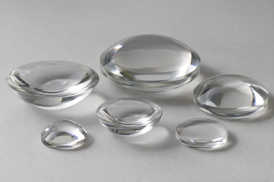 several complete polished optical glass lenses in concave and convex forms