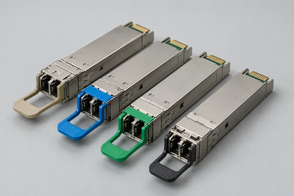 Duplex optical SFP-style housings with latches and electrical host connectors