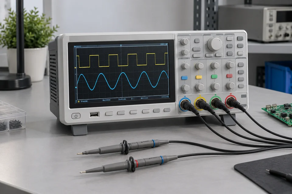 A digital bench oscilloscope with four BNC channel inputs and two probes on the desk; simple realistic waveform screen, restrained laboratory product photography.