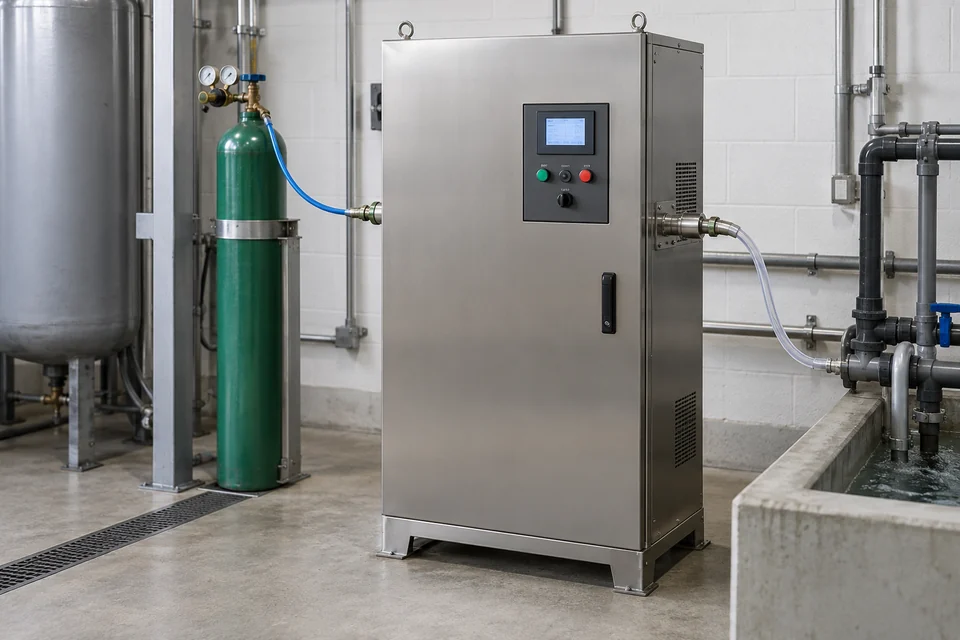 An industrial ozone generator cabinet with closed metal housing, oxygen feed and ozone outlet tubing connections and a small control panel, water treatment utility room.