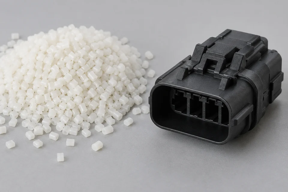 PA66 resin pellets beside a durable moulded engineering connector housing