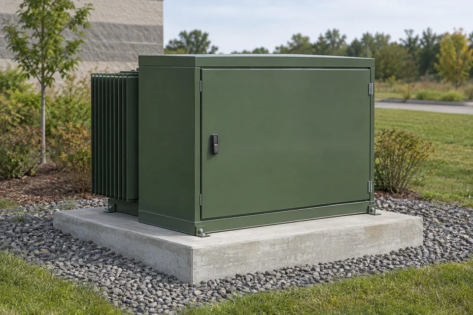 Compact pad-mounted liquid distribution transformer with a closed service compartment, side cooling fins and a concrete base.
