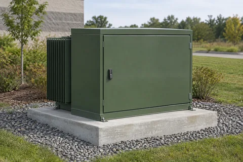 Compact pad-mounted liquid distribution transformer with a closed service compartment, side cooling fins and a concrete base.