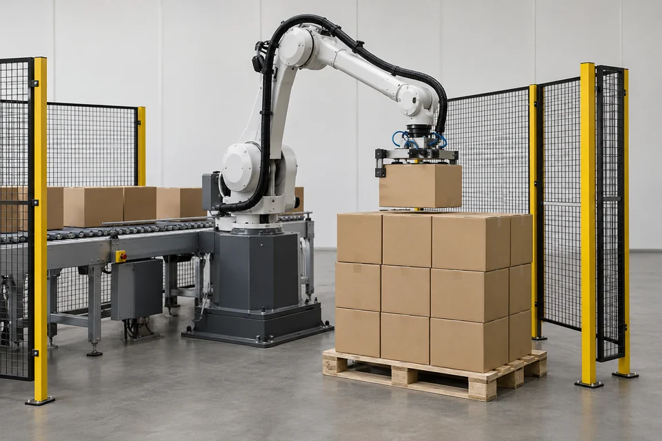 robotic palletizing station stacking plain cartons on a pallet