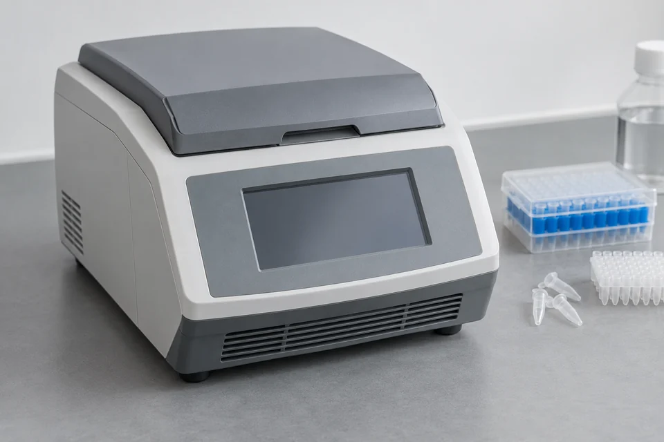 PCR thermal cycler with sample block and closed lid beside tubes