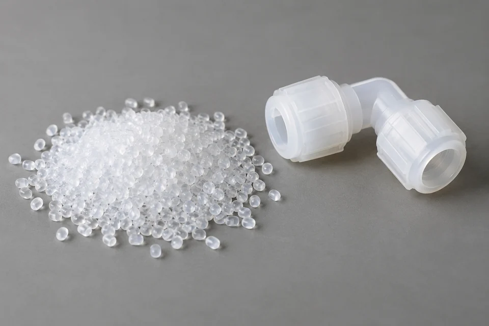 PFA resin pellets beside an unbranded fluoropolymer tube fitting