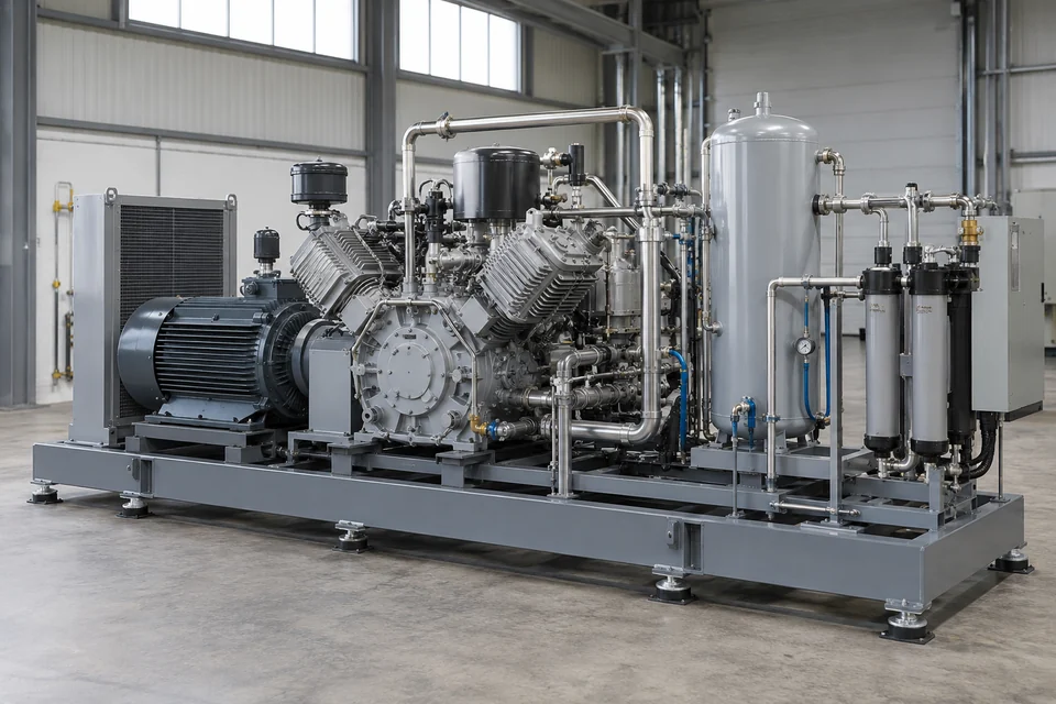 high pressure PET bottle blowing air compressor skid with air treatment module in a factory
