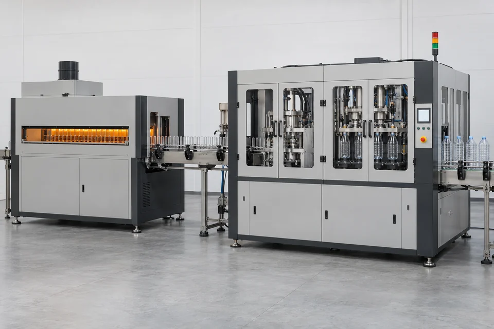 PET stretch blow moulding machine with preform oven and enclosed bottle forming stations