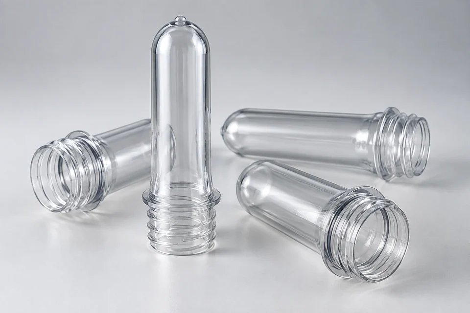 Transparent PET bottle preforms with thick tubular bodies and moulded threaded necks, one standing and several lying down, crisp polymer detail.